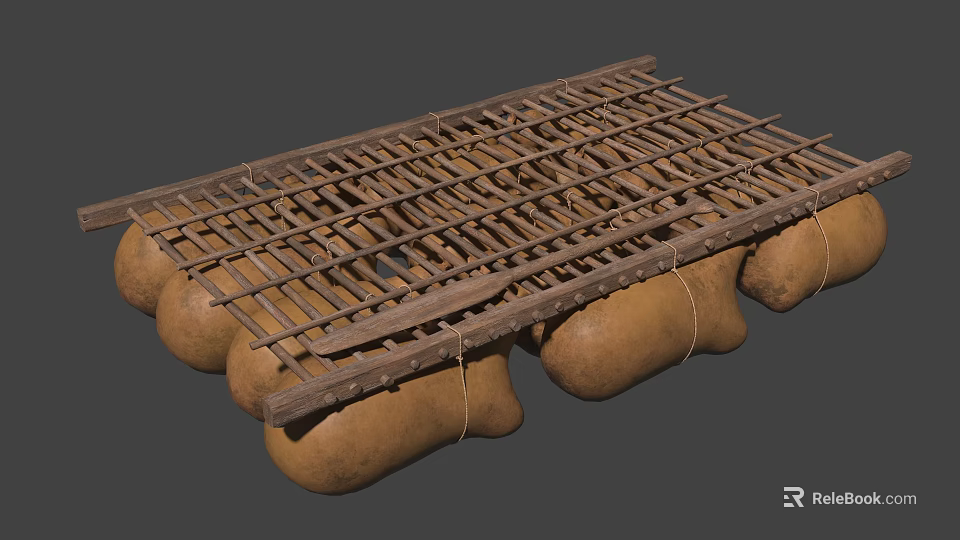 Traditional Wooden Boat With Wooden Frame Bamboo Slats And Rope Bound Float Logs 3d model 