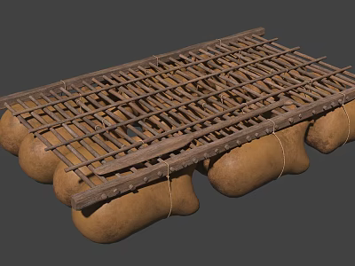 Traditional Wooden Boat With Wooden Frame Bamboo Slats And Rope Bound Float Logs 3d model