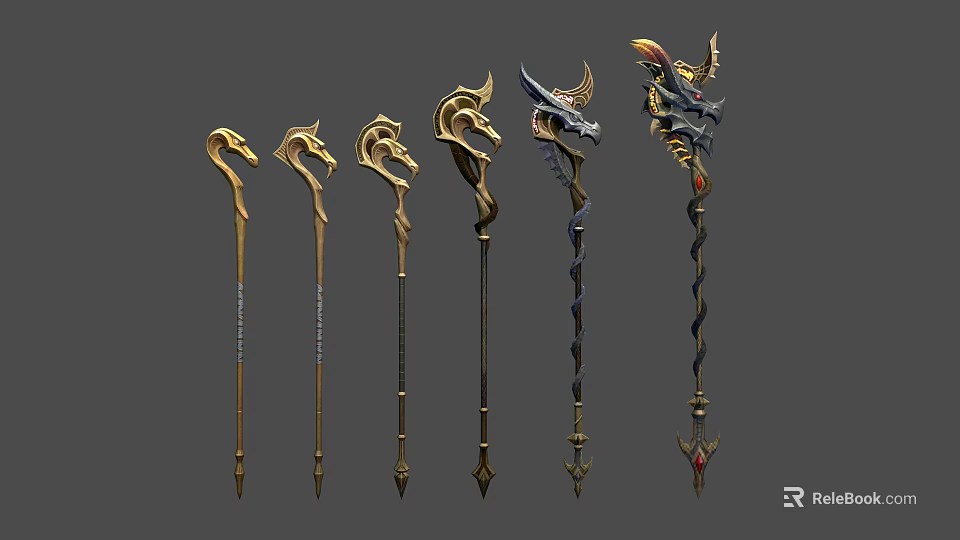 Fantasy Staff Collection With Intricate Mythical Motifs And Golden Accents 3d model 