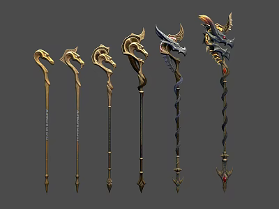 Fantasy Staff Collection With Intricate Mythical Motifs And Golden Accents 3d model