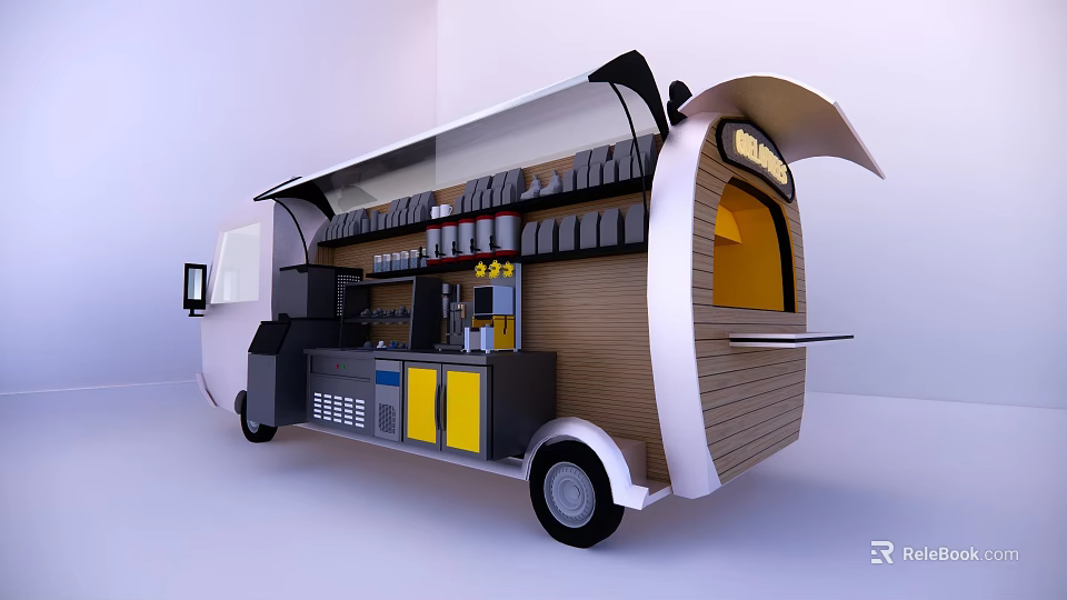 Modern Mobile Milk Tea Shop With Open Service Window And Beverage Display Shelves And Prep Counter 3d model 