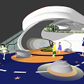 Modern Children's Play Area With Circular White Structure Green Plants And Water Feature