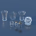 Transparent Wine Bottles and Glasses with Various Shapes on Blue Background