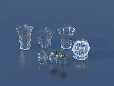 Transparent Wine Bottles and Glasses with Various Shapes on Blue Background 3d model