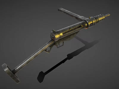Vintage Metallic Machine Gun With Gold Accents And Long Barrel Stand 3d model