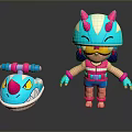 Cute Cartoon Character With Horned Helmet Yellow Goggles And Blue Pink Snake Creature