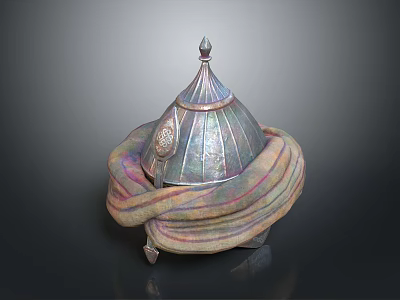 Ancient Weapon Helmet Metal Construction With Pointed Top Engraved Design And Colorful Fabric Wrapped Around 3d model