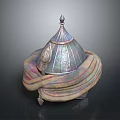 Ancient Weapon Helmet Metal Construction With Pointed Top Engraved Design And Colorful Fabric Wrapped Around