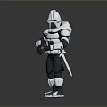 Shiny Silver Armored Warrior Character Standing With Weapon On Gray Reflective Background 3d model