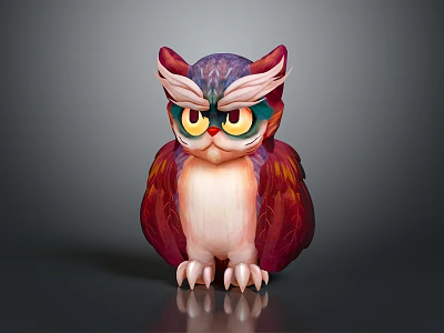 Cute Stylized Owl With Red Purple Feathers And Yellow Eyes Cartoon Design Illustration 3d model