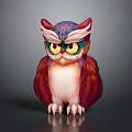 Cute Stylized Owl With Red Purple Feathers And Yellow Eyes Cartoon Design Illustration