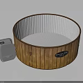 Round Wooden Bathtub With White Interior And External Heater Equipment