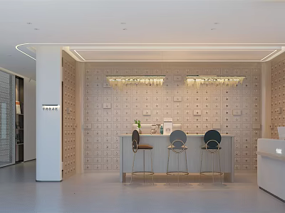 Modern Store Front Desk Reception Area With Seating Chairs Pendant Lights And Textured Wall 3d model