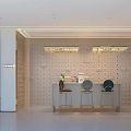 Modern Store Front Desk Reception Area With Seating Chairs Pendant Lights And Textured Wall