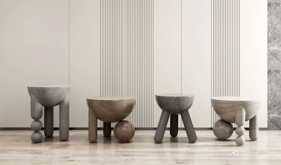 Modern Minimalist Geometric Stools In Neutral Tones With Spherical Bases And Angular Legs 3d model 