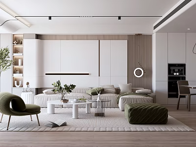 Modern Living Dining Room Interior With Sofa Coffee Table Green Plant And Wooden Elements 3d model