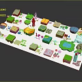 Green Plants in Colorful Miniature Urban Park Model with Trees Lawns Buildings and Water Pool