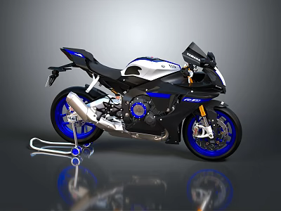 Black White And Blue Racing Motorcycle With Sporty Design And Blue Wheels 3d model