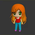 3D Cartoon Character With Orange Hair Green Eyes Red Shirt Blue Pants Purple Shoes