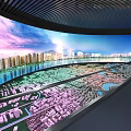 Modern Contemporary Indoor Space Interior With Curved Large Screen Central Column And Blue Carpet