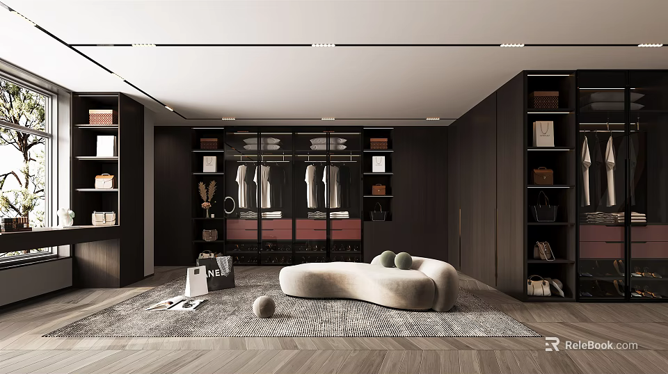 Modern Walk In Closet Interior Design With Dark Cabinets Open Hanging Space And Curved Seating 3d model 