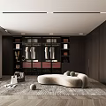 Modern Walk In Closet Interior Design With Dark Cabinets Open Hanging Space And Curved Seating