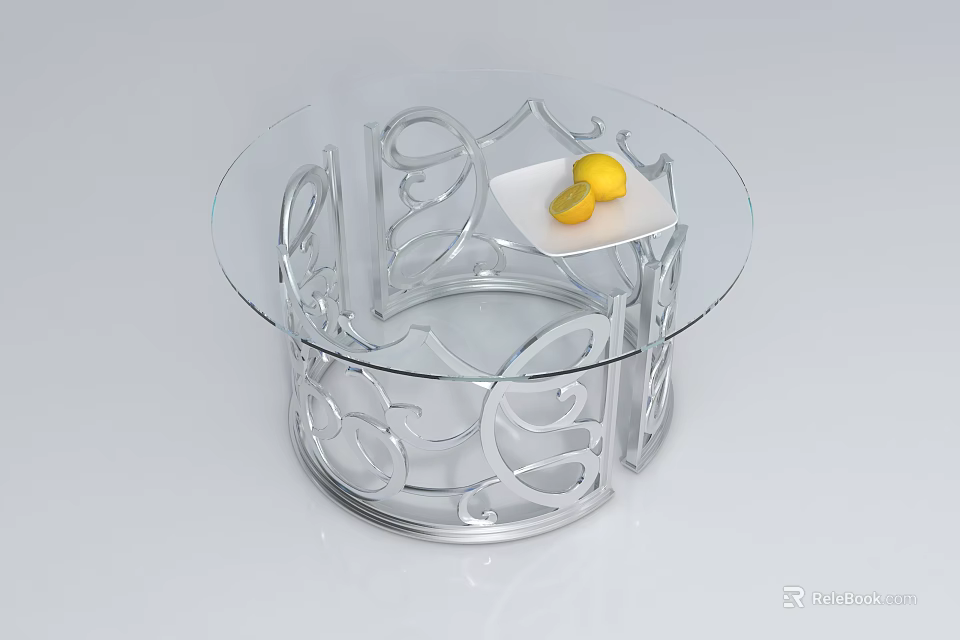 Round Glass Top Coffee Table With Ornate Metal Base Featuring White Tray And Yellow Fruits 3d model 