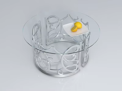 Round Glass Top Coffee Table With Ornate Metal Base Featuring White Tray And Yellow Fruits 3d model