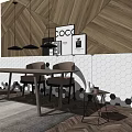 Modern Dining Table Set With Wooden Geometric Wall White Hexagon Tiles Pendant Lights And Chairs