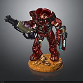 Red Armored Mechanical Warrior Holding Futuristic Weapons on Detailed Brown Base