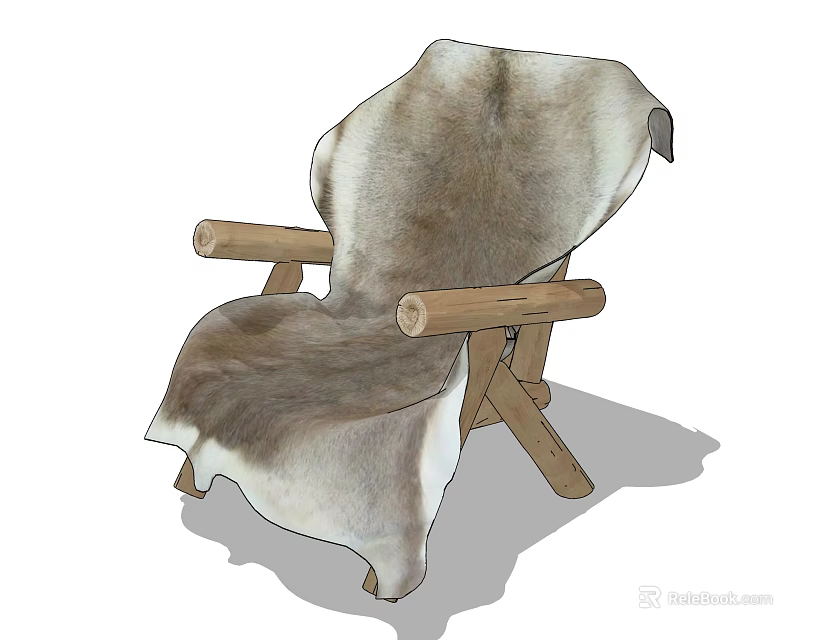Comfortable Leisure Chair with Natural Wooden Arms and Gray White Fur Cover 3d model 