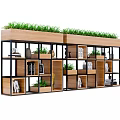 Double Bookcases With Green Grass Top Wooden Metal Frame Shelves Holding Books Vases Plants Frames
