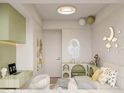 Cheerful Kids Room Interior With Light Green Cabinets White Furniture And Astronaut Wall Decal 3d model