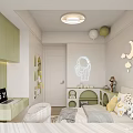 Cheerful Kids Room Interior With Light Green Cabinets White Furniture And Astronaut Wall Decal