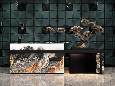 Elegant Reception Desk With Marble Top Sculpture And Decorative Pine Against Green Geometric Wall 3d model