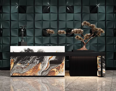 Elegant Reception Desk With Marble Top Sculpture And Decorative Pine Against Green Geometric Wall 3d model