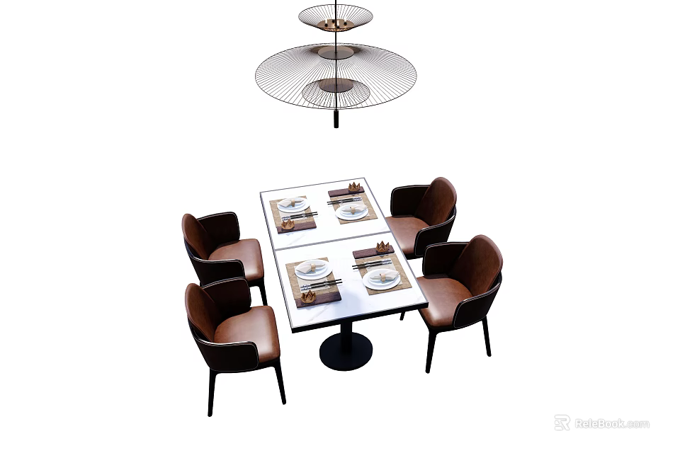 Modern Dining Table Set Featuring White Table Four Brown Chairs Overhead Pendant Light and Tableware 3d model