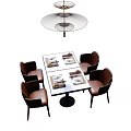 Modern Dining Table Set Featuring White Table Four Brown Chairs Overhead Pendant Light and Tableware 3d model