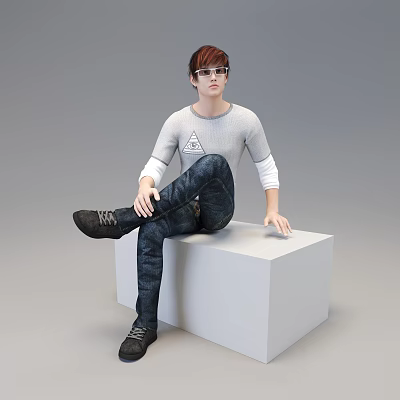 Man Sitting On White Cube Wearing Gray Long Sleeve T Shirt And Glasses 3d model Man Sitting On White Cube Wearing Gray Long Sleeve T Shirt And Glasses 3d model