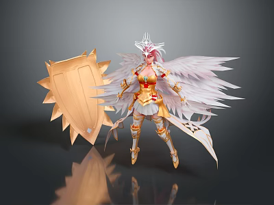Elegant Gold And White Female Costume With White Wings Shield And Sword Accessory 3d model