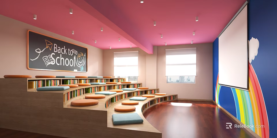 Kindergarten With Back to School Theme Pink Ceiling Curved Bookshelves Colorful Cushions Wooden Flooring Windows 3d model 
