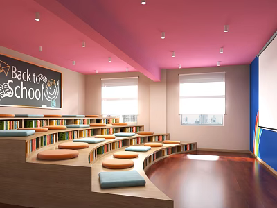 Kindergarten With Back to School Theme Pink Ceiling Curved Bookshelves Colorful Cushions Wooden Flooring Windows 3d model