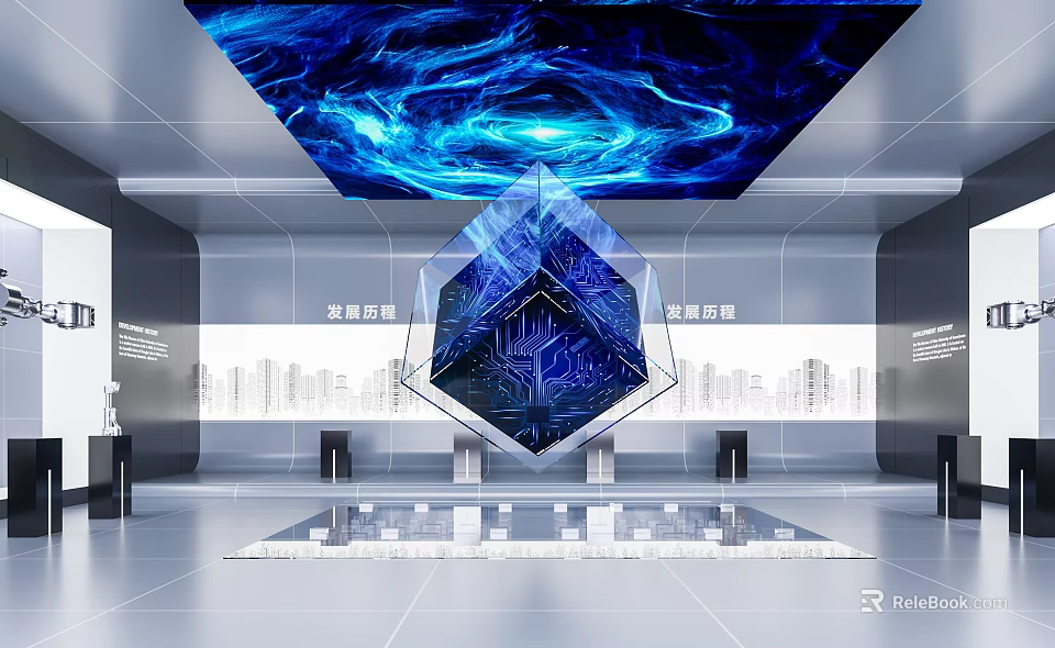 Modern Tech Interior With Polyhedral Structure Blue Ceiling Light Effects Reflective Floor And City Skyline 3d model 