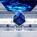 Modern Tech Interior With Polyhedral Structure Blue Ceiling Light Effects Reflective Floor And City Skyline 3d model