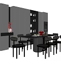 Modern Round Dining Table Set With Black Backrest Chairs And Gray Cabinets 3d model