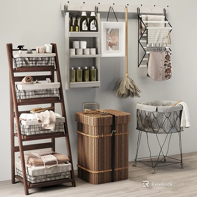 Wooden Ladder Storage Shelf With Wicker Basket Metal Bin And Towels For Home Organization 3d model 