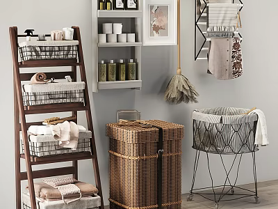Wooden Ladder Storage Shelf With Wicker Basket Metal Bin And Towels For Home Organization 3d model