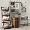 Wooden Ladder Storage Shelf With Wicker Basket Metal Bin And Towels For Home Organization