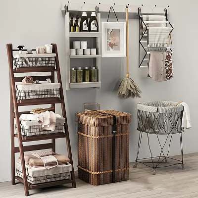 Wooden Ladder Storage Shelf With Wicker Basket Metal Bin And Towels For Home Organization 3d model