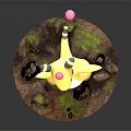 Yellow Doll with Black and White Striped Neck and Pink Ball on Grass Base
